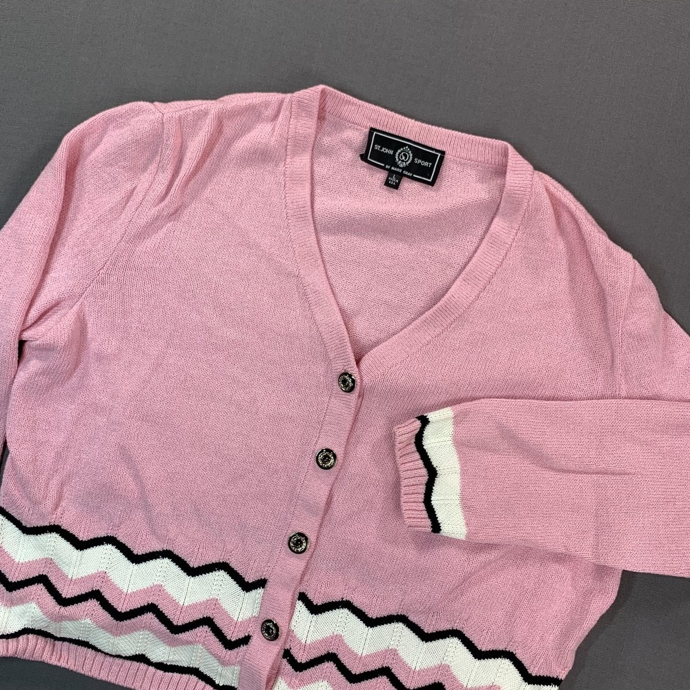 St. John Sport Sweater Cardigan Women L Pink Chevron Stripe Gold Button Knit USA